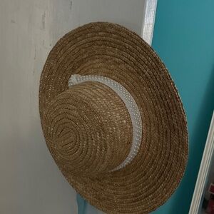 Tan Straw Hat with White pearl Ribbon detail and added blue ribbon strap